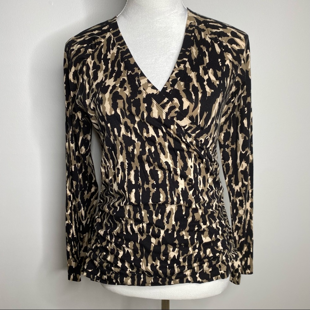CAbi animal print Flatter me faux wrap long sleeve top size medium